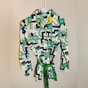 Geometric Print Vintage Blouse with Green Belt